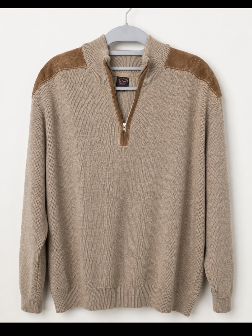 Paul & Shark Half-Zip Sweater in Beige with Suede Shoulder Panels